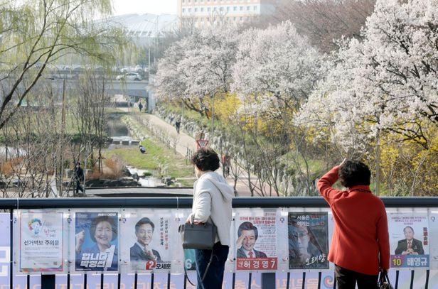 4.7 서울시장 재·보궐선거 공식 선거운동 첫날인 3월 25일  서울 송파구 오륜동에서 시민들이 서울시장 후보들의선거벽보를 보고있다. /뉴시스