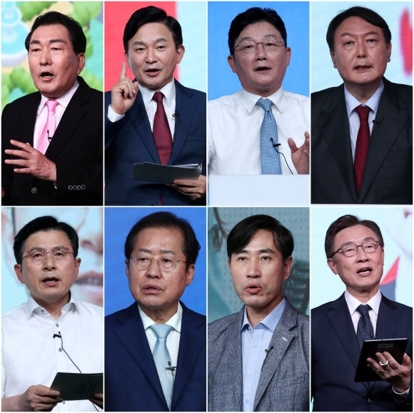 국민의힘 1차 예비경선 통과한 8명의 후보들 15일 국민의힘 1차 예비경선(컷오프)을 통과한 안상수 원희룡 유승민 윤석열 최재형 하태경 홍준표 황교안 후보.(왼쪽 상단부터 시계방향. 가나다 순) 국민의힘은 다음달 8일 2차 예비경선에서 4명으로 후보를 압축한 뒤 11월5일 최종 후보자를 확정한다.  2021.9.15 연합뉴스