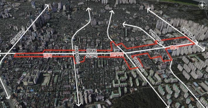 길동·굽은다리·명일역 3개 역세권 지구단위계획 위치도