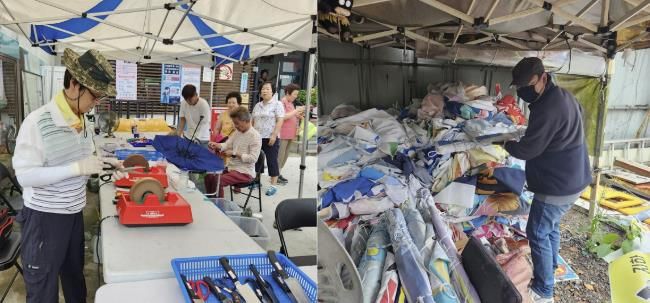지난해 지역공동체 일자리(칼갈이, 폐현수막 재생사업)에 참여 중인 주민들