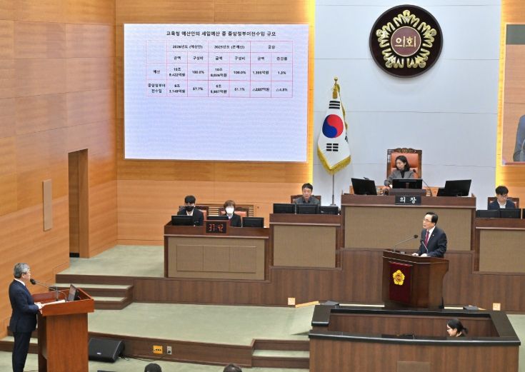 김형재 의원이 2025년 11월 서울시의회 정례회에서 정근식 교육감에게 교육현안 관련 질의를 하고 있다.